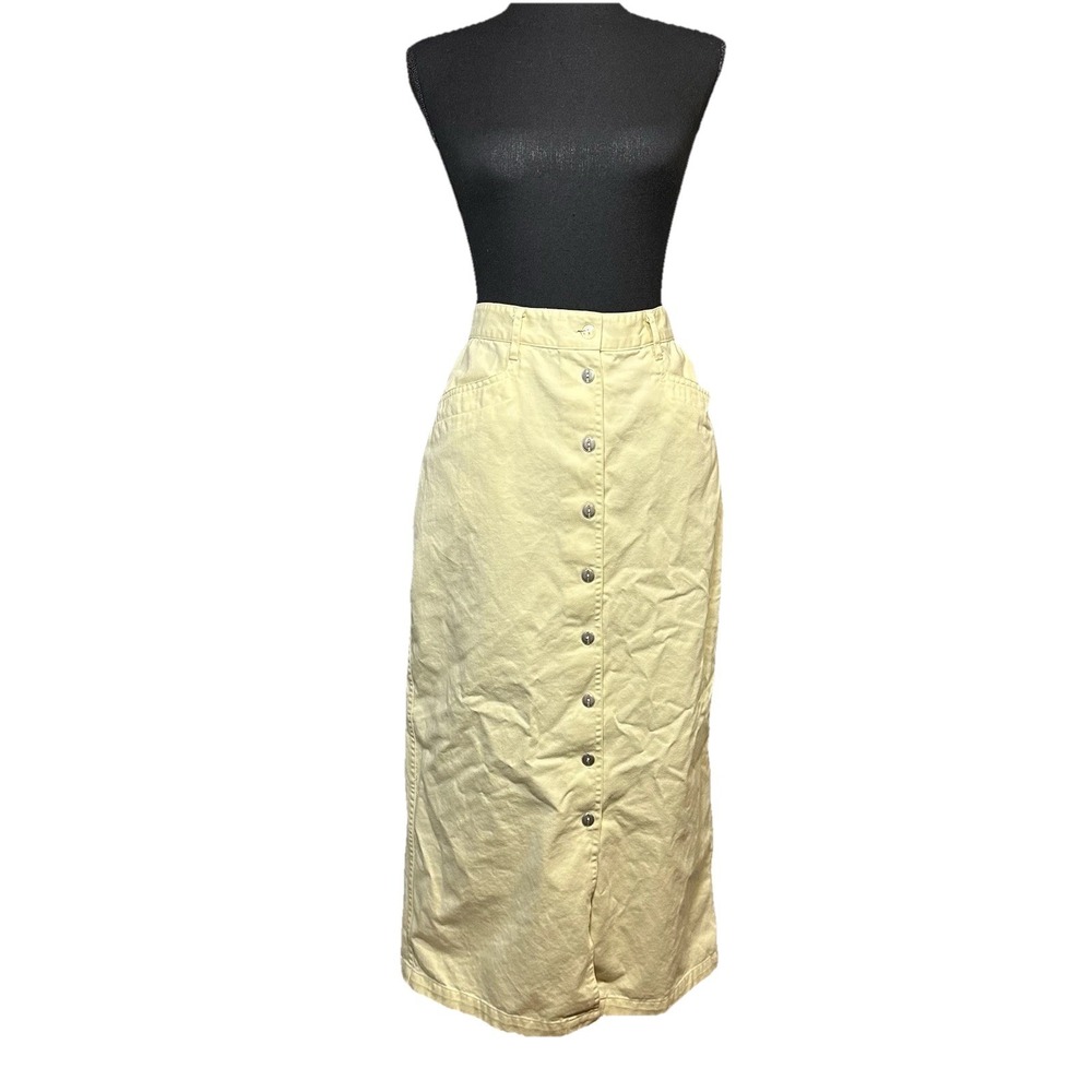 Button Front Maxi Denim Yellow Skirt 12 Pocket Slit Christopher & Banks Cottage